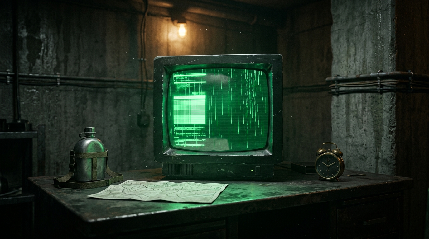 A vintage CRT monitor glowing phosphor green inside a concrete bunker; tactical kit on a metal desk.
